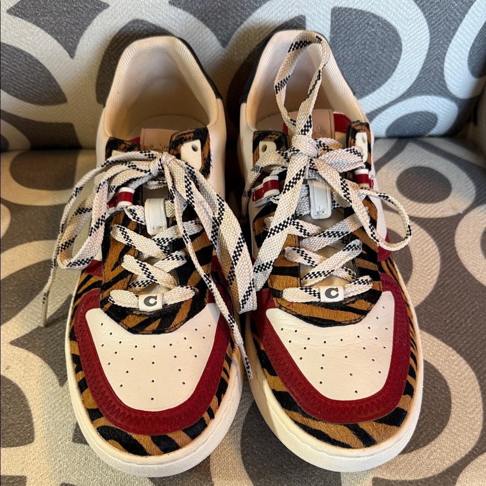 Coach Stylish Animal Print Sneakers with Red Accents